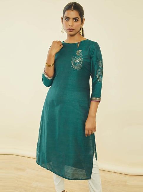 soch teal silk blend foil print kurta with sequin embellishments