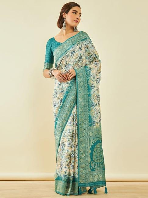 soch teal tussar printed saree with zari woven border