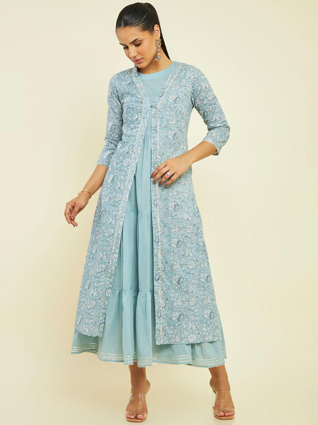 soch tiered cotton fit and flare ethnic dress with printed longline jacket