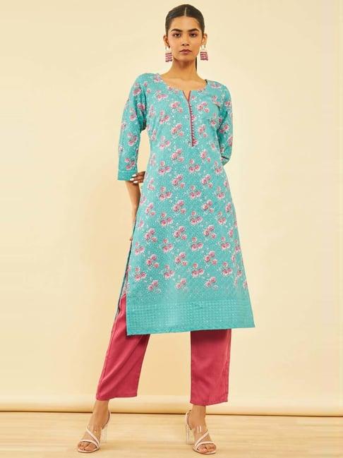 soch turquoise & pink floral print kurta pant set
