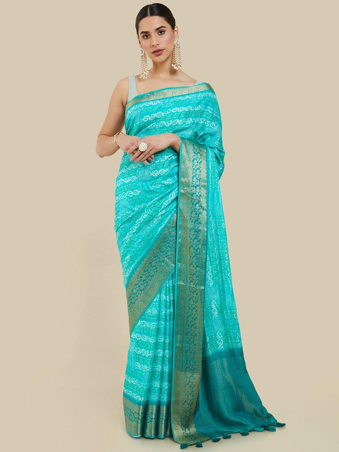 soch turquoise bandhani printed zari tussar saree