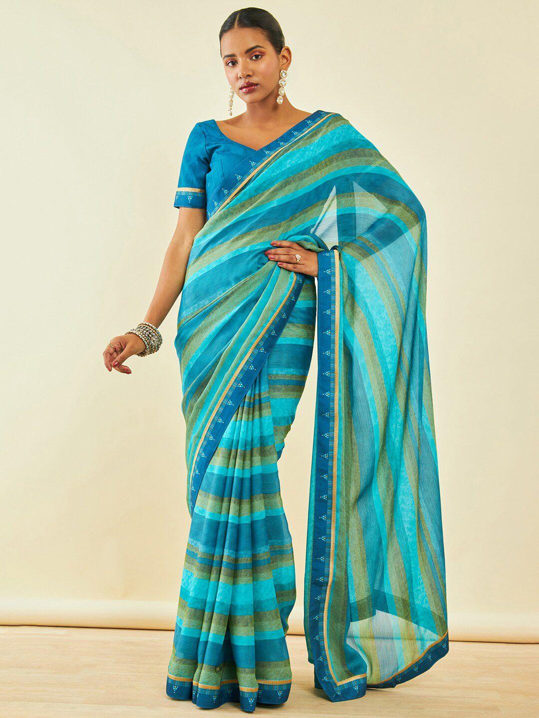 soch turquoise blue & green striped poly chiffon saree