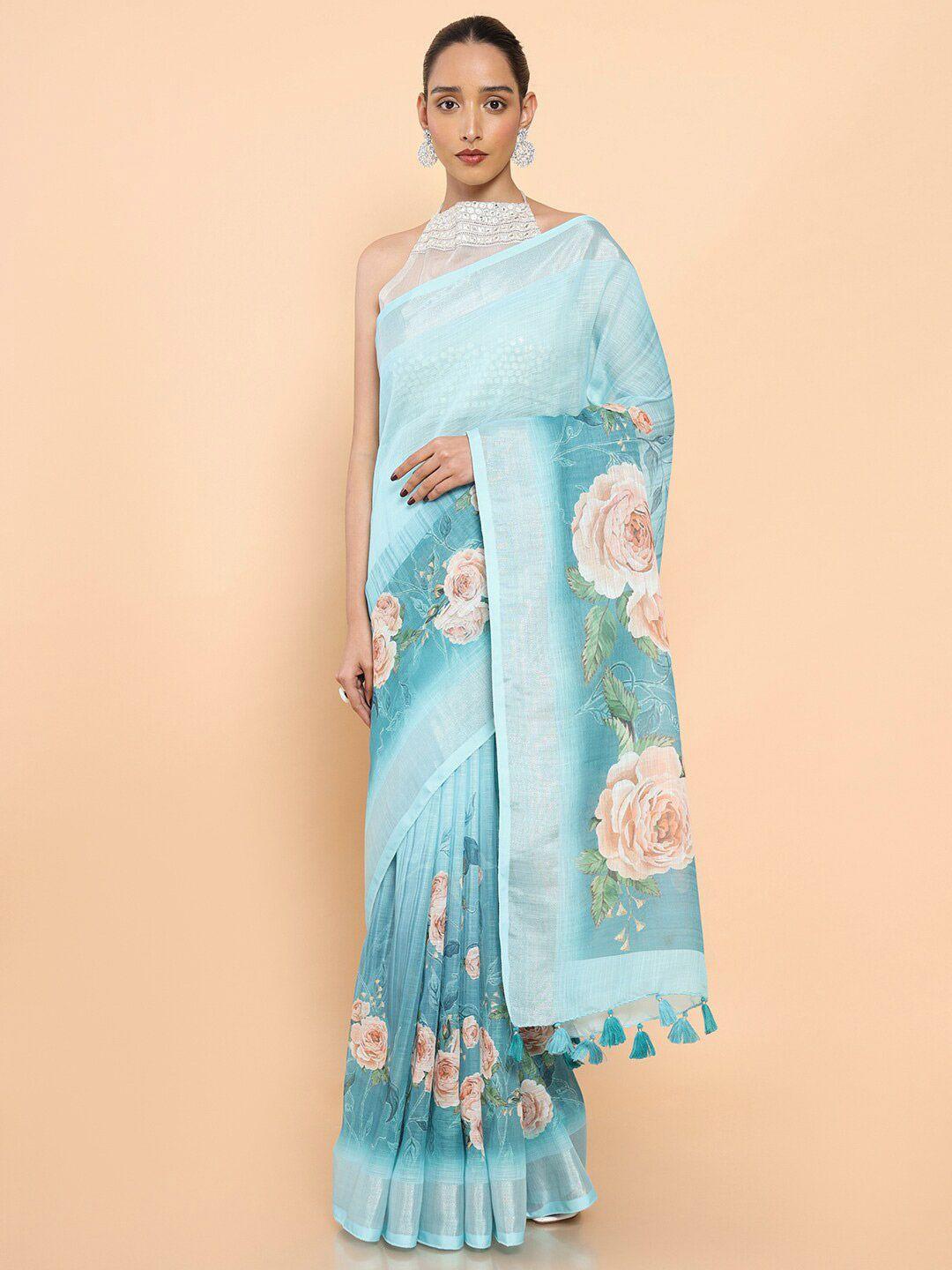 soch turquoise blue & peach-coloured floral zari pure linen saree