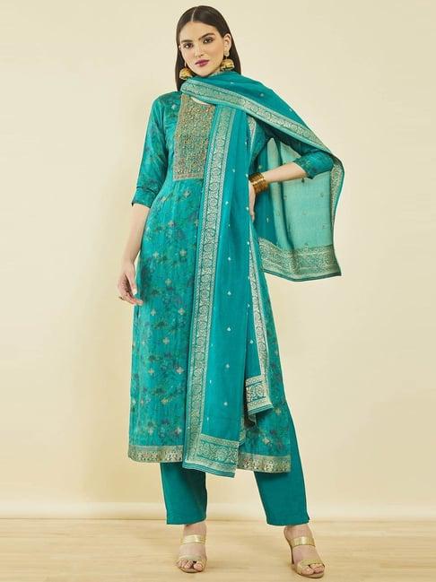 soch turquoise blue brocade abstract print suit set with zari woven dupatta