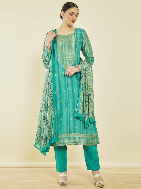 soch turquoise blue brocade zari woven suit set with printed dupatta