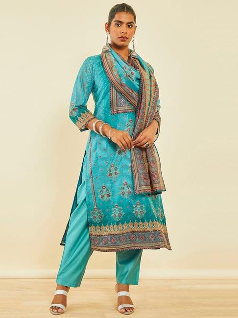 soch turquoise blue chanderi botanical print suit set with dupatta