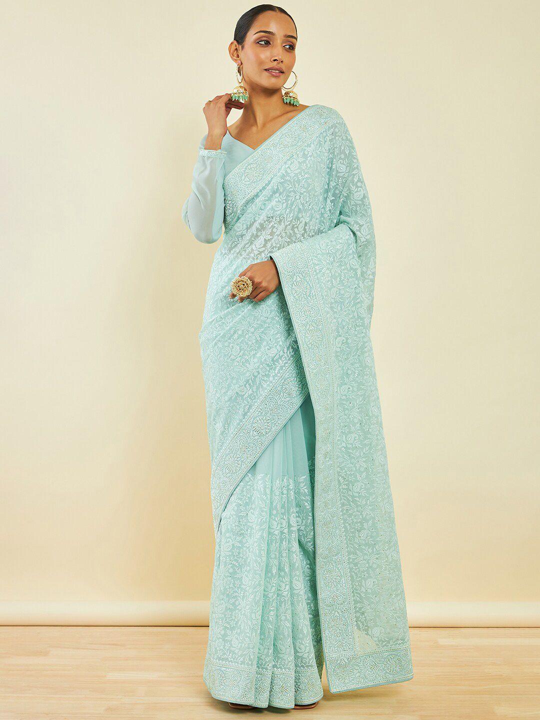 soch turquoise blue floral embroidered saree