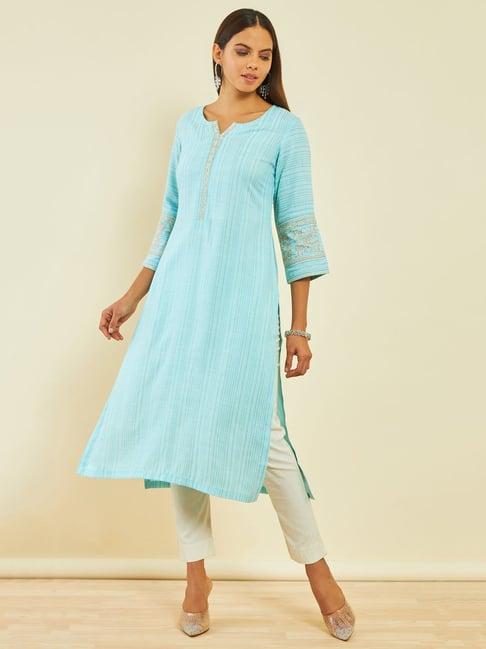 soch turquoise blue rayon slub striped straight kurta with floral embroidery