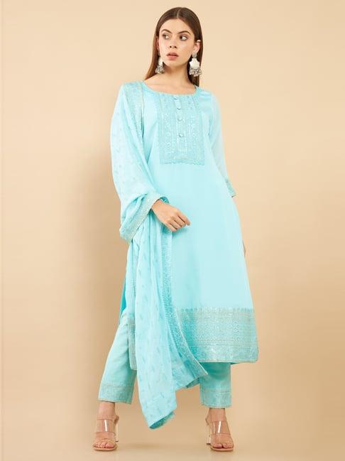 soch turquoise embroidered kurta pant set with dupatta