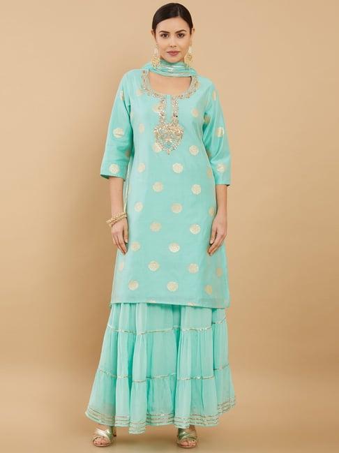 soch turquoise floral print kurti sharara set with dupatta