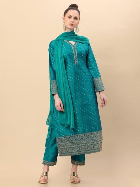 soch turquoise woven pattern kurta pant set with dupatta
