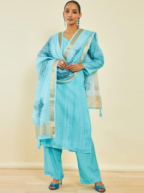 soch turquoise zari work unstitched dress material