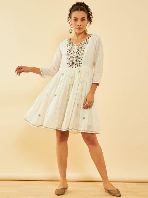 soch white & brown cotton embroidered a-line ethnic dress with tie-ups