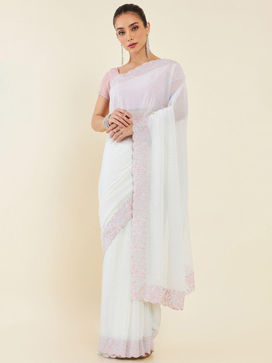 soch white & pink embellished mukaish saree