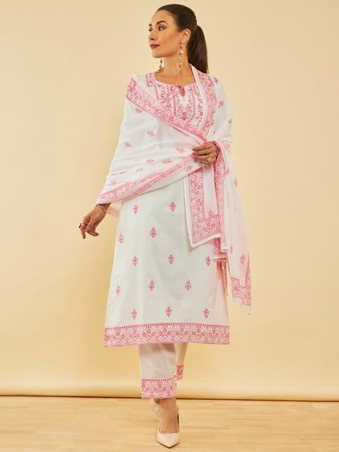 soch white & red cotton floral printed suit set with cutdana details