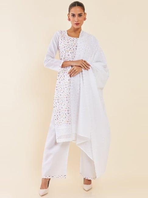 soch white cotton printed unstitched dress material