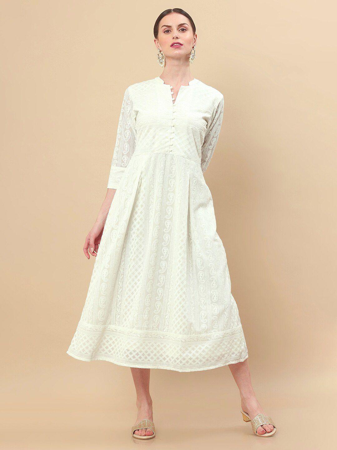 soch white ethnic motifs embroidered georgette ethnic midi dress