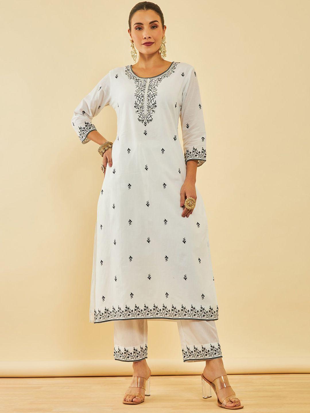 soch white printed beads and stones pure cotton straight kurta with trousers & dupatta