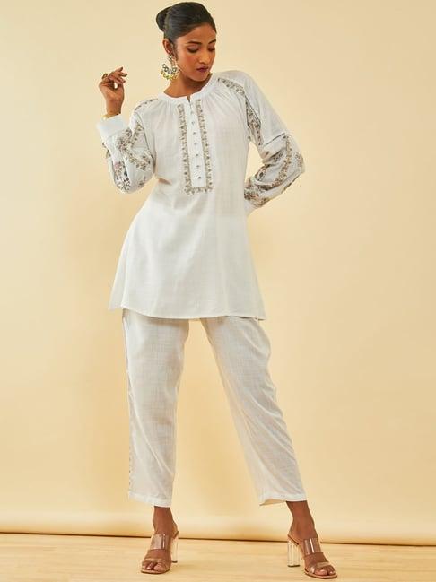 soch white rayon slub embroidered co-ord set with lace attached