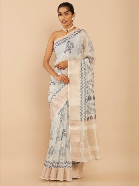 soch white silk printed saree with unstitched blouse