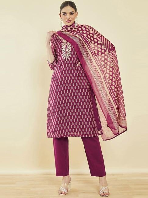 soch wine chanderi leaf print suit set with printed dupatta