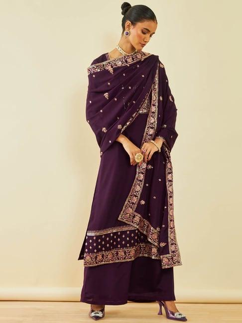 soch wine chinon sequin and floral embroidered palazzo suit set with dupatta