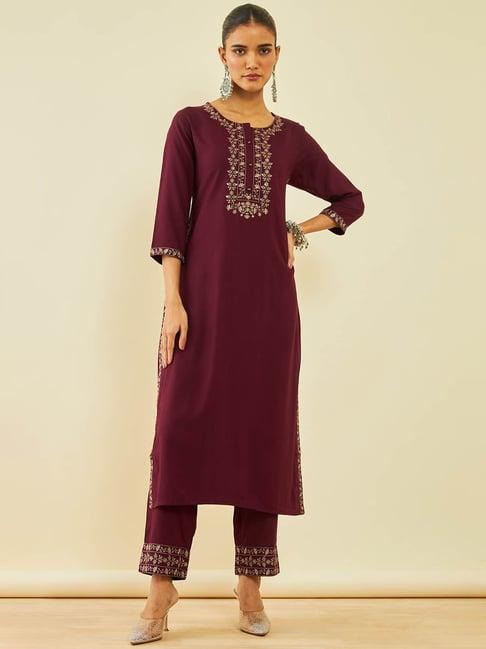 soch wine embroidered kurta pant set