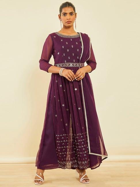 soch wine georgette sequin embroidered suit set with dupatta and belt
