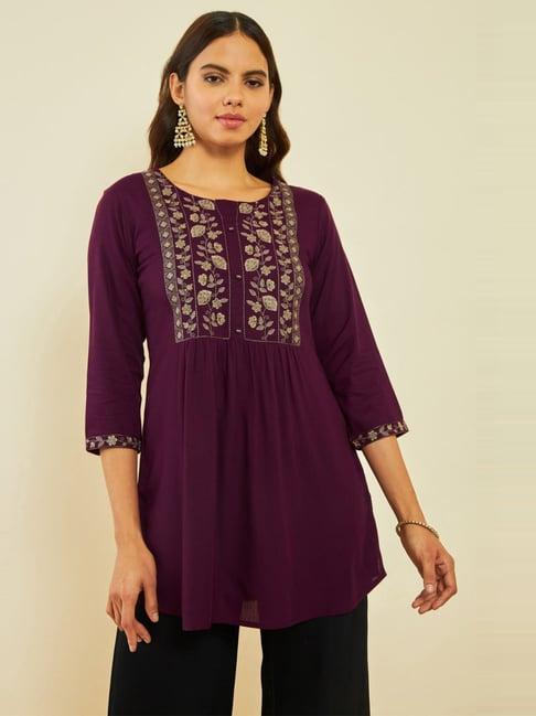 soch wine rayon floral embroidered round-neck tunic with vented hemline