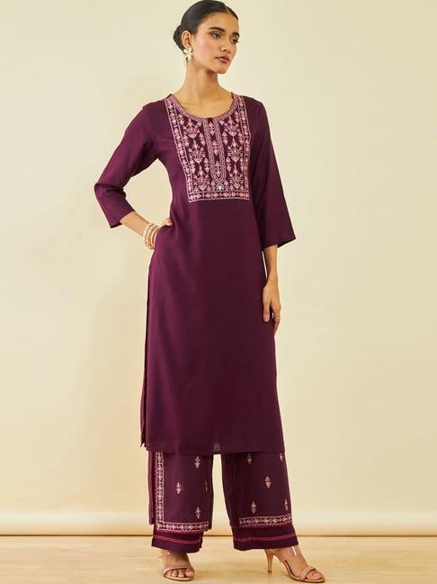 soch wine rayon slub floral embroidered kurta sets with layered palazzo