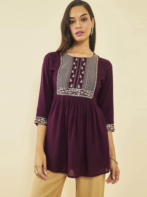 soch wine rayon slub floral embroidered tunic with sequin embellishments