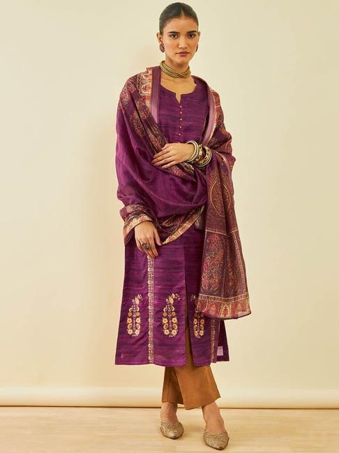 soch wine silk blend floral embroidered straight kurta suit set