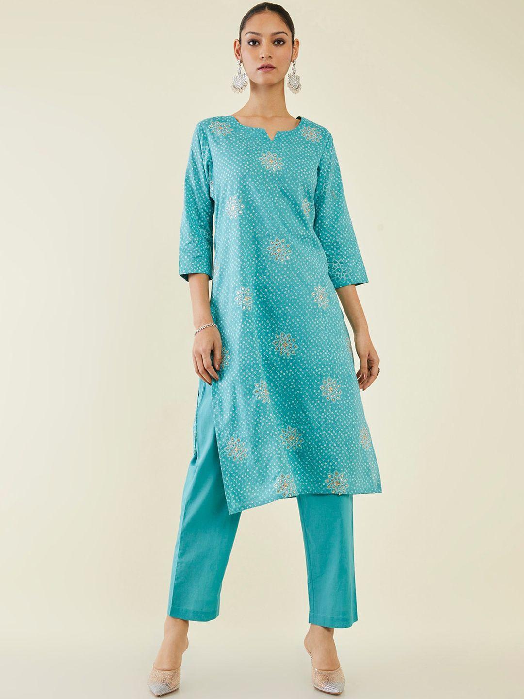 soch women bandhani printed beads & stones pure cotton kurta with trousers