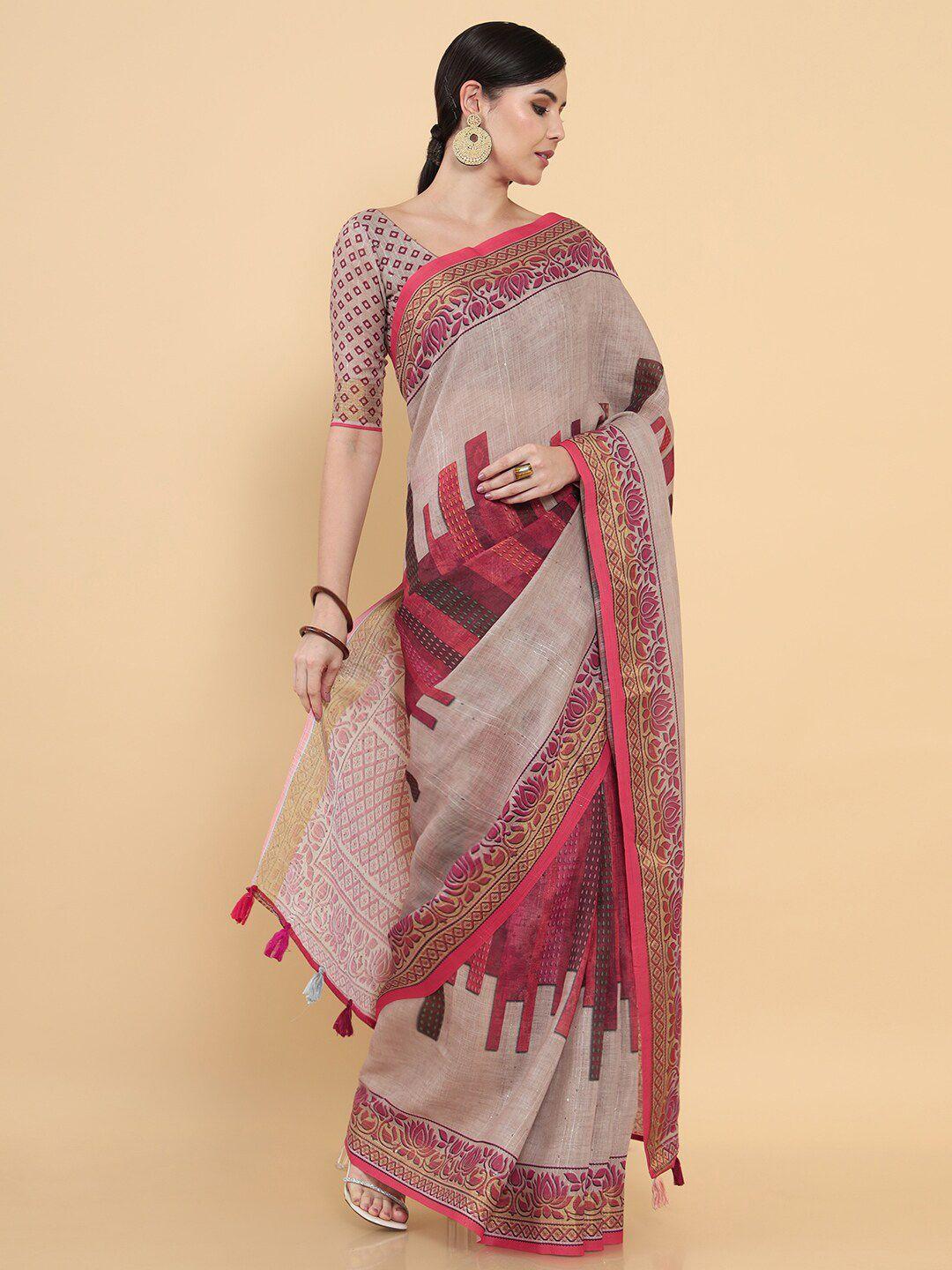 soch women beige & pink printed polycotton saree with unstitched blouse piece