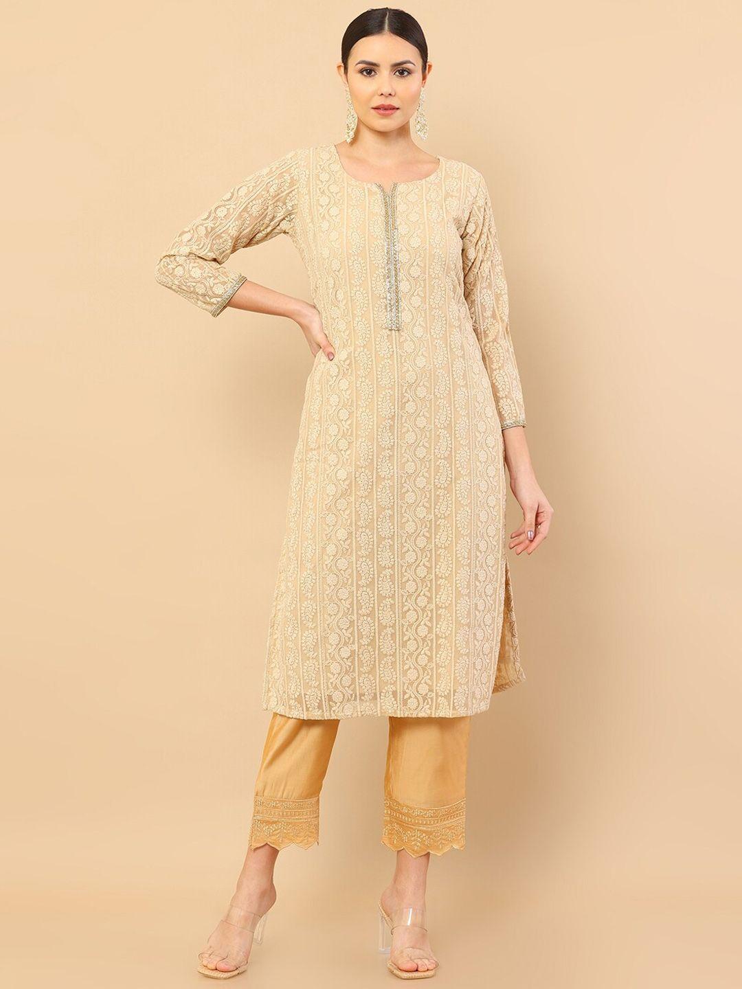 soch women beige ethnic motifs embroidered georgette kurta