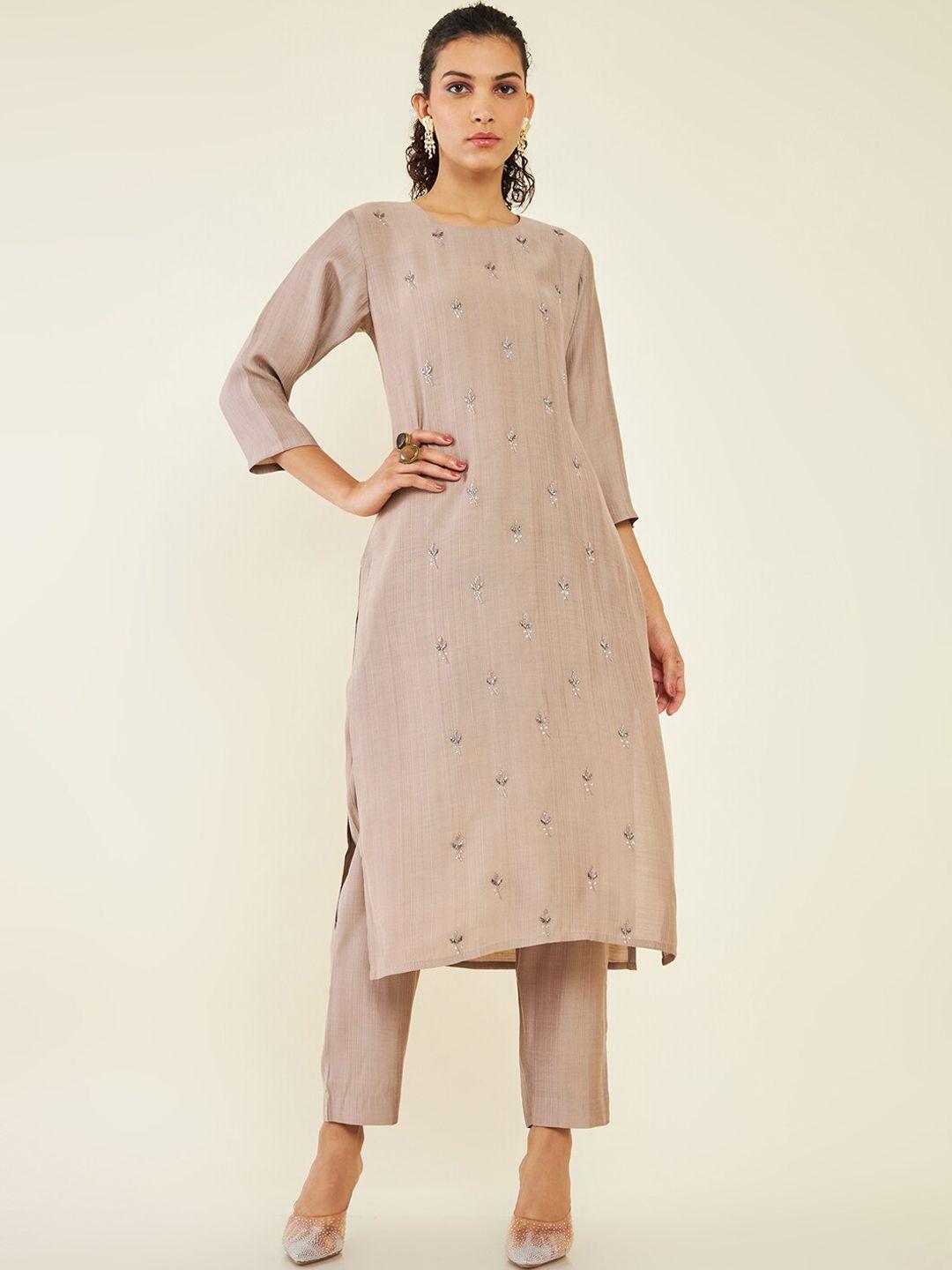 soch women beige floral embroidered kurta with trousers