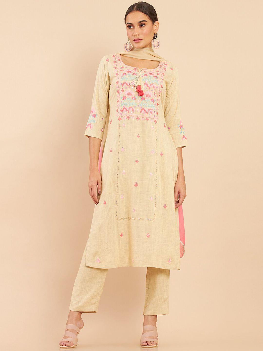 soch women beige floral embroidered layered kurta with trousers & with dupatta