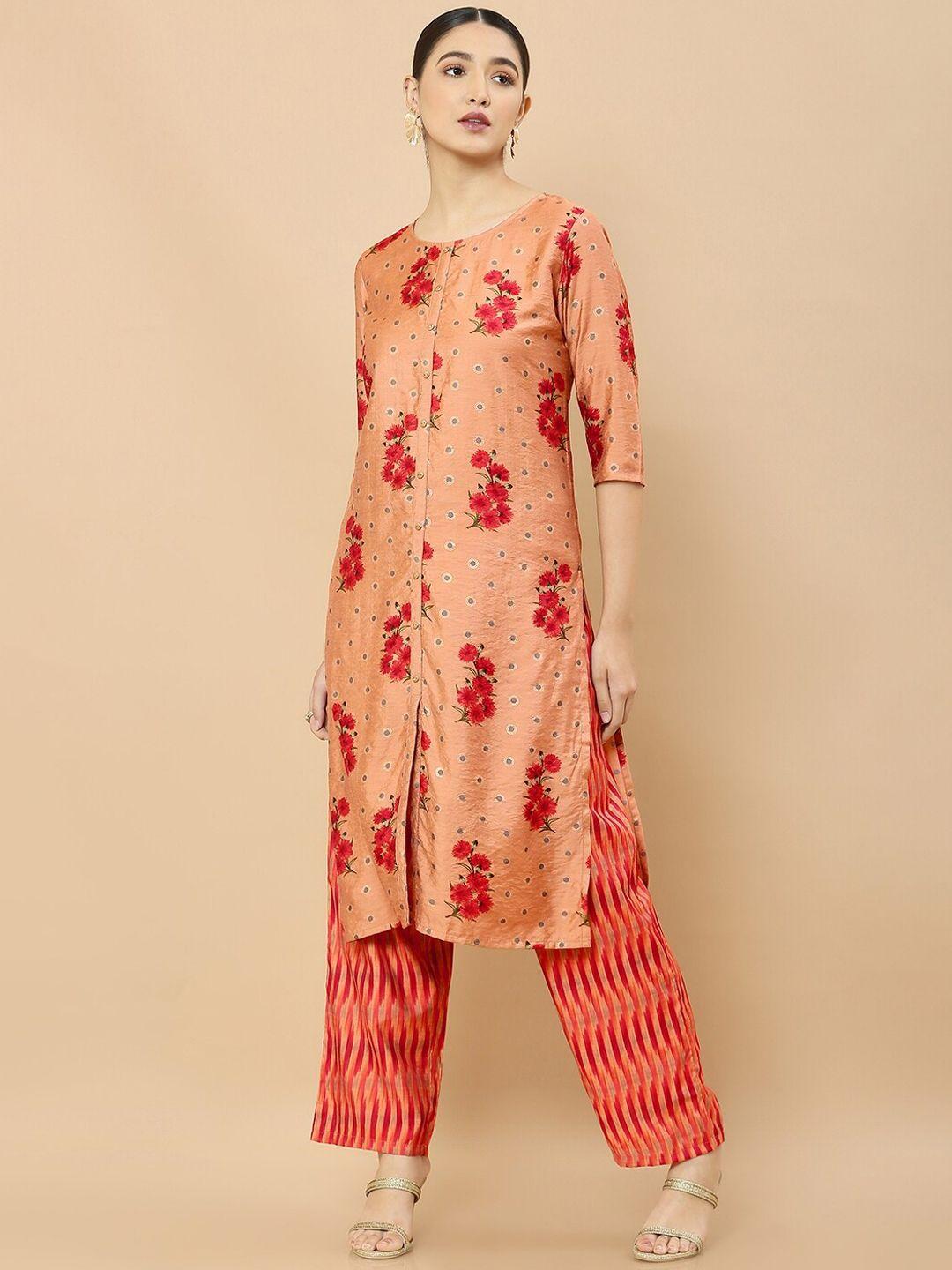 soch women beige floral printed chanderi cotton kurta with trousers