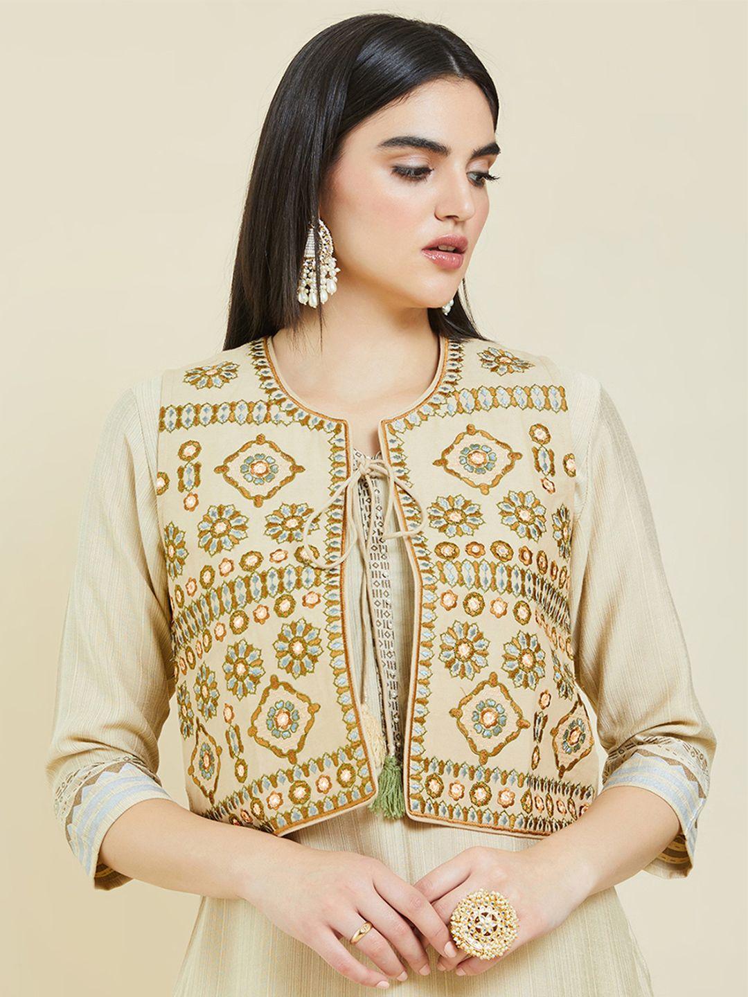 soch women beige geometric crop open front jacket with embroidered