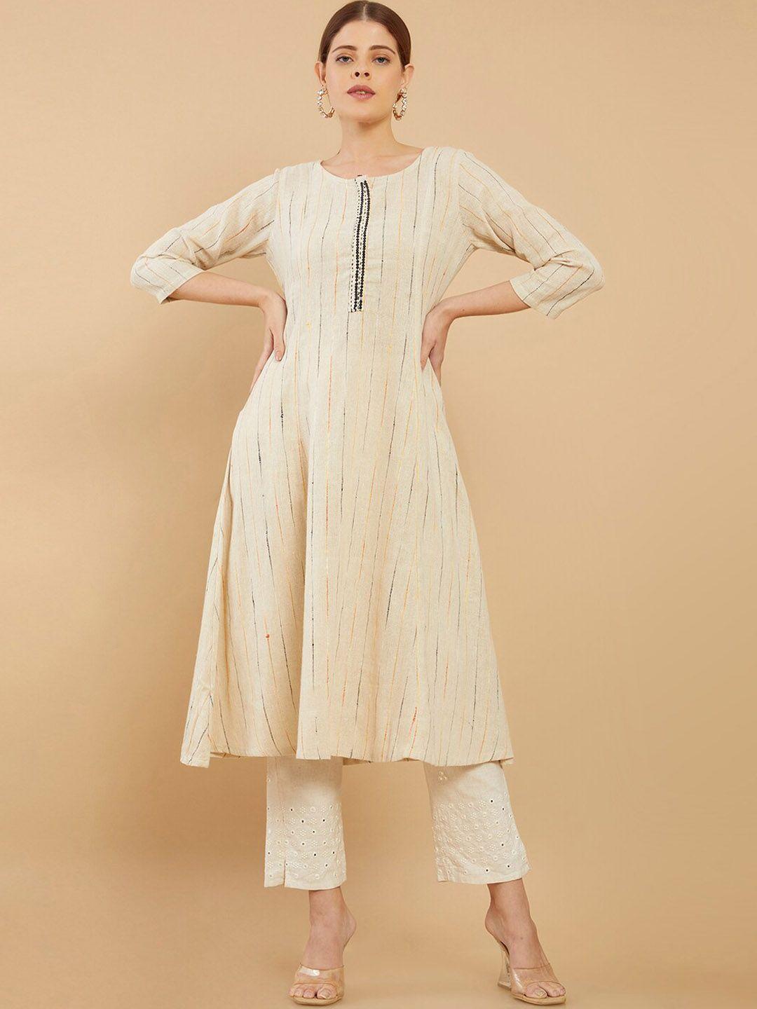 soch women beige striped cotton anarkali kurta