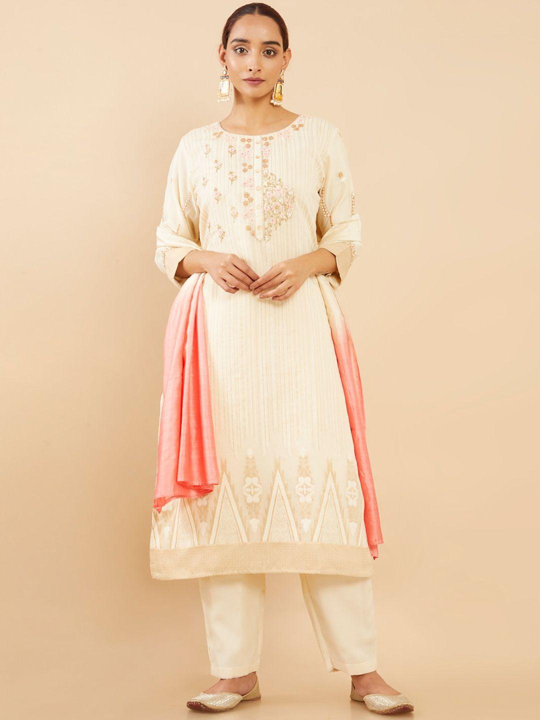 soch women beige striped straight kurta with trousers & with dupatta