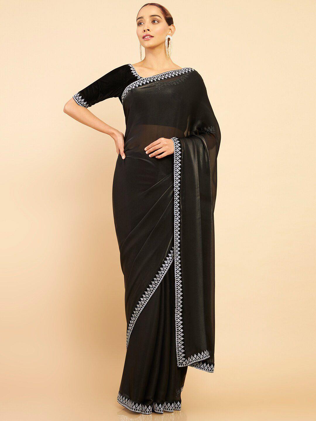 soch women black & silver solid beads and stones tissue saree