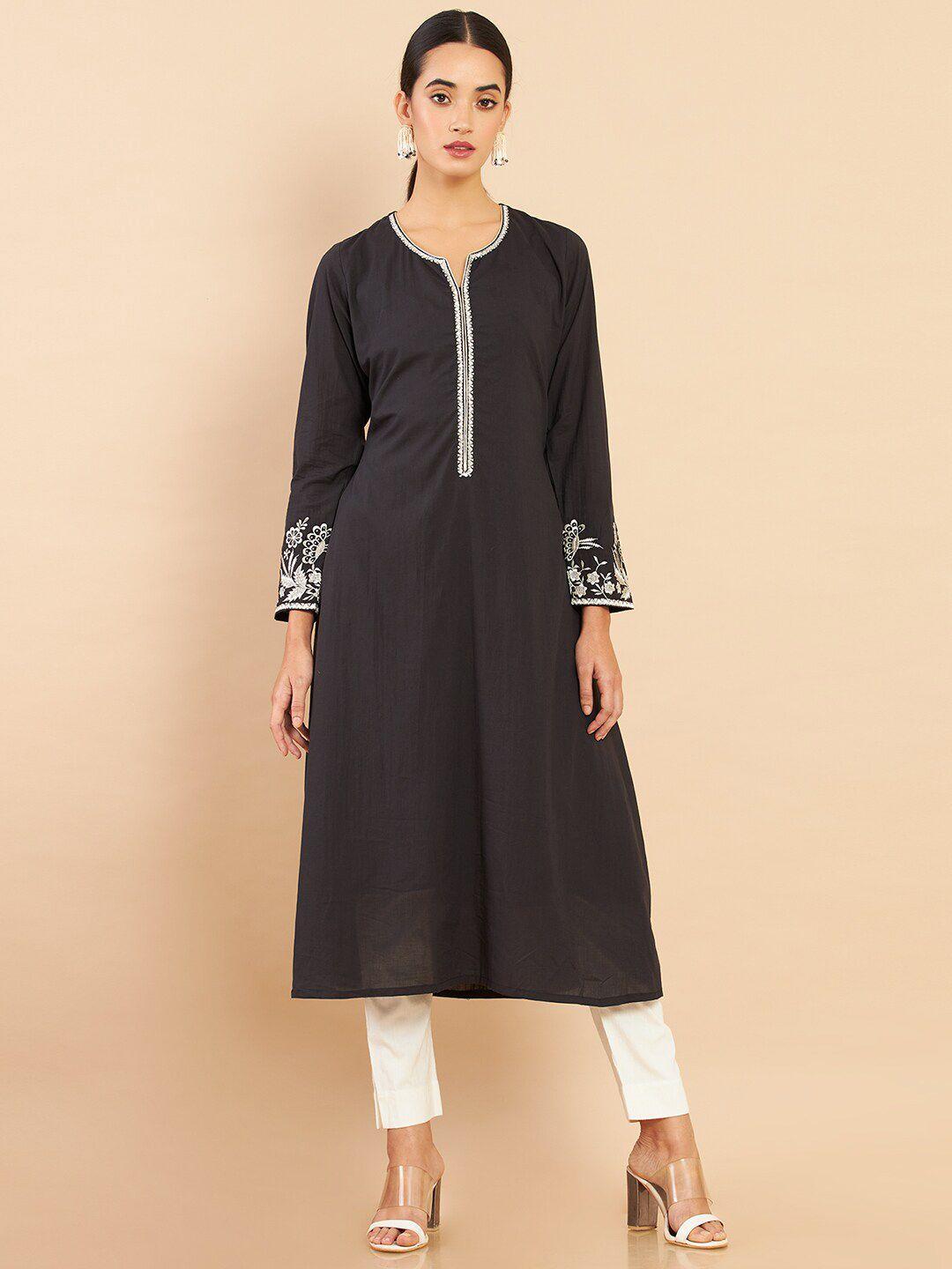 soch women black & white floral embroidered pure cotton kurta