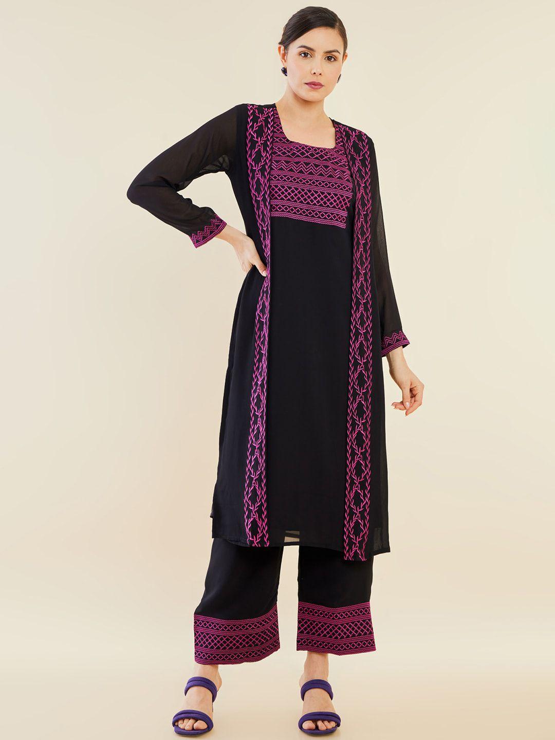 soch women black ethnic motifs embroidered layered thread work kurta with palazzos