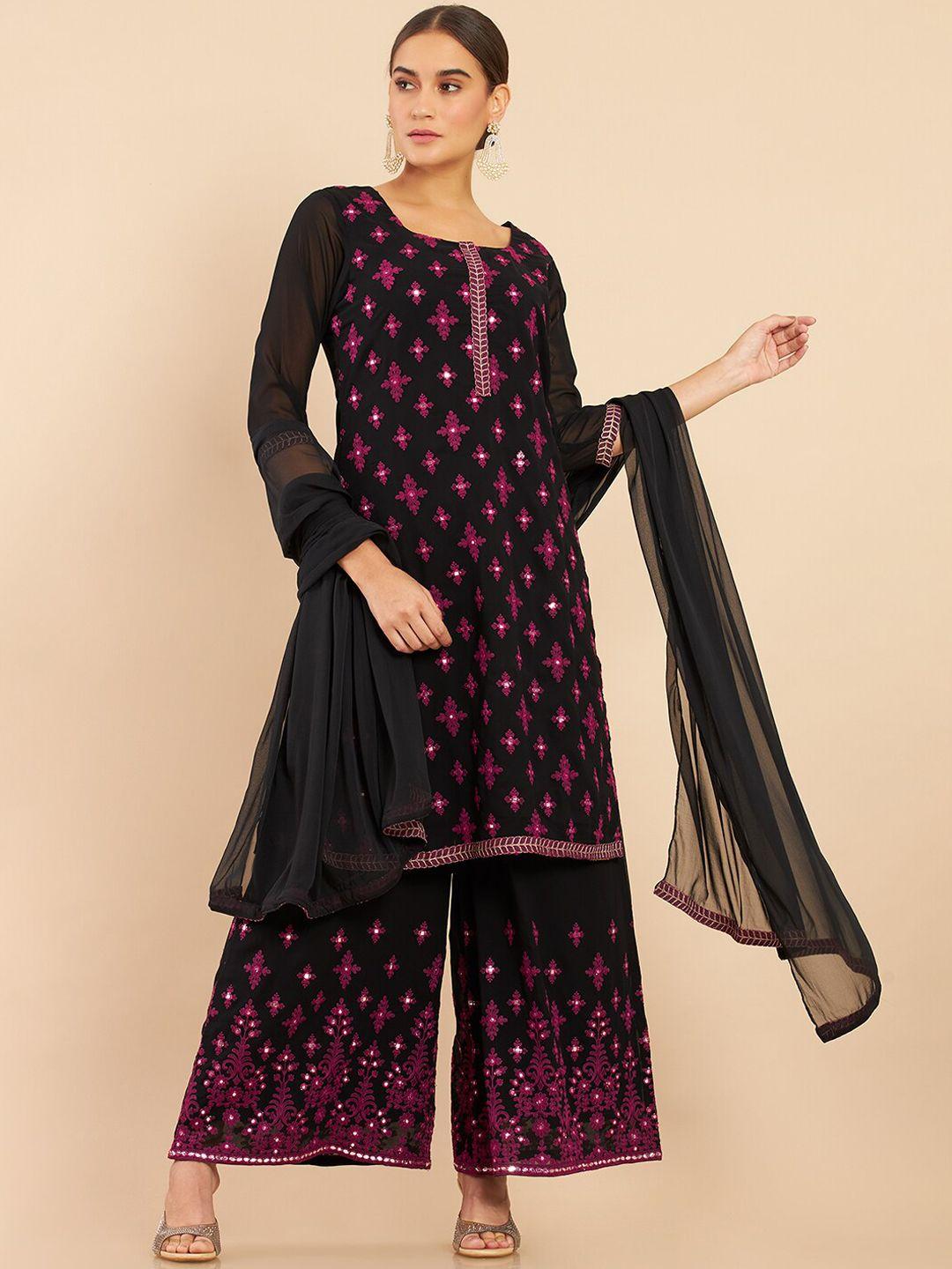 soch women black floral embroidered thread work kurta with palazzos & with dupatta
