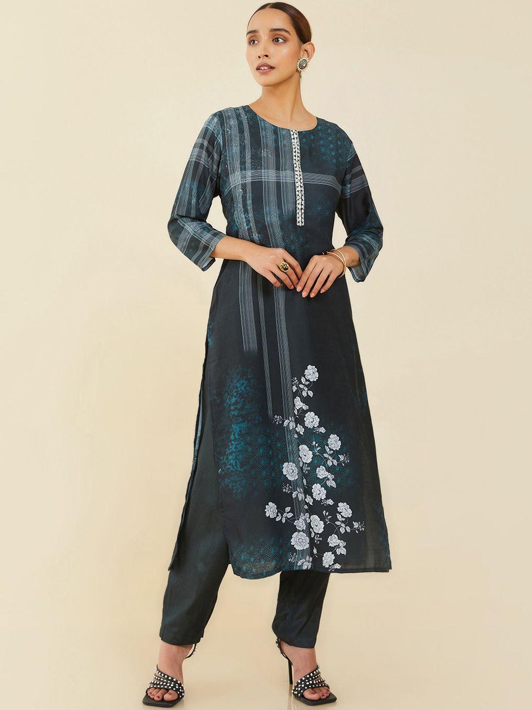 soch women black floral printed kurta with trousers