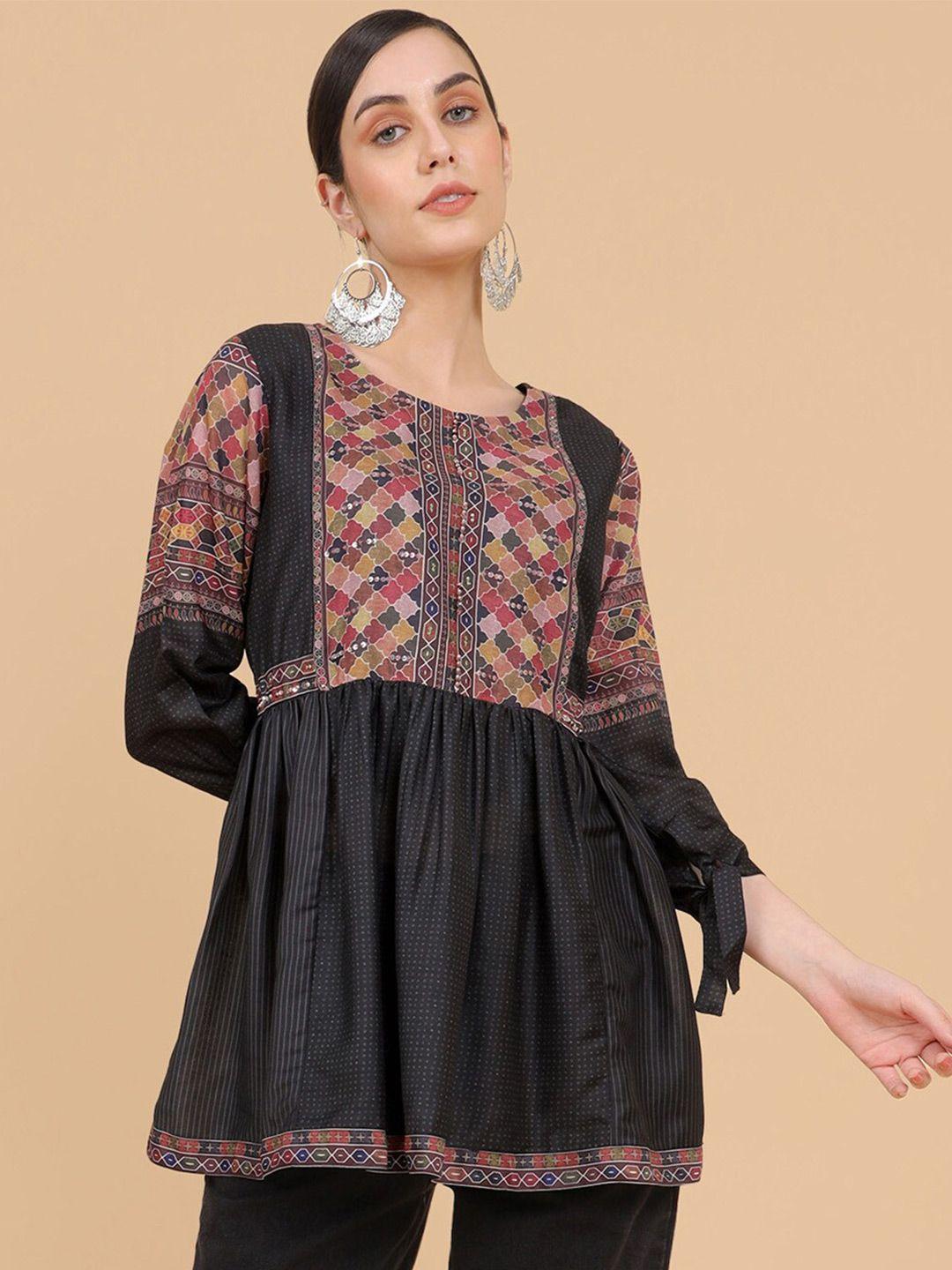 soch women black muslin printed tunic with sequins