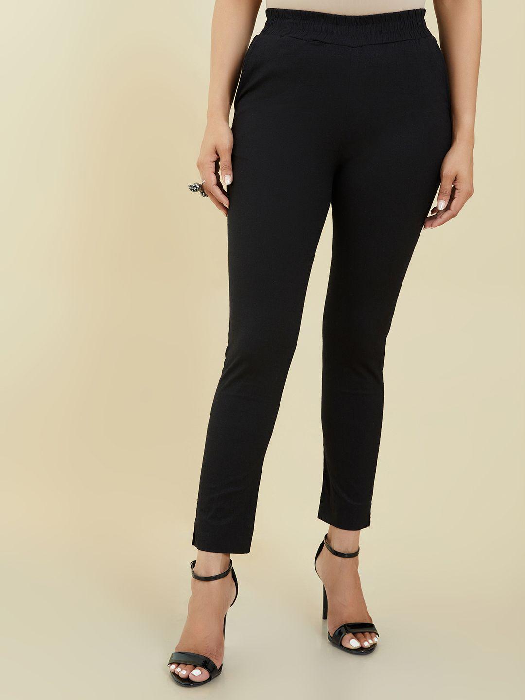 soch women black pure crepe cropped regular trousers