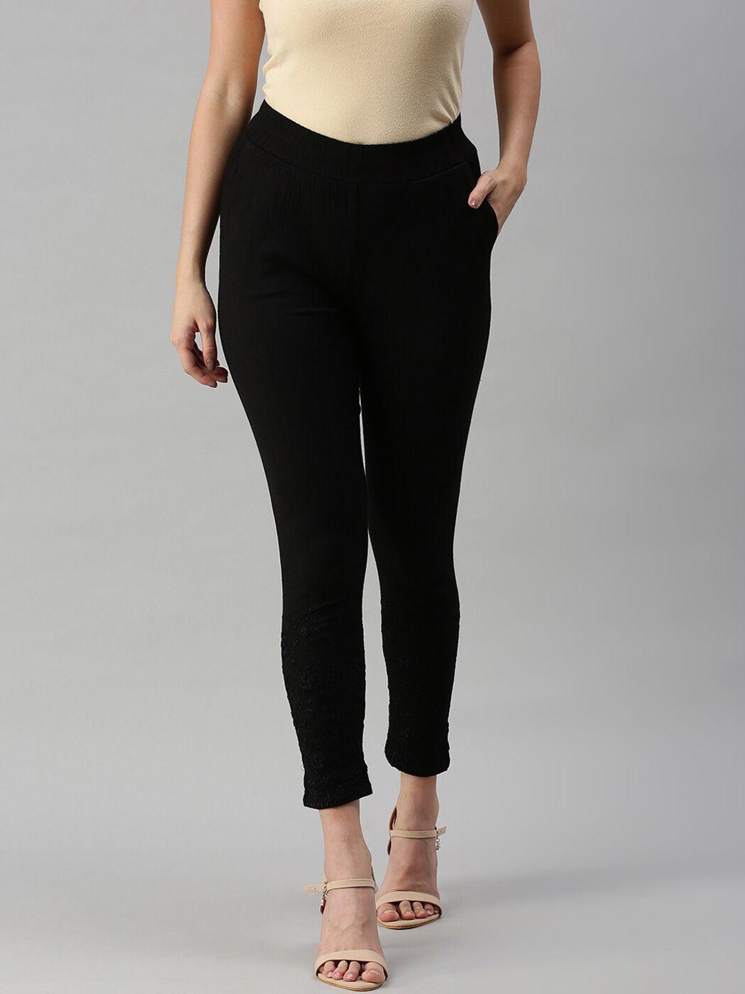 soch women black solid slim fit trousers