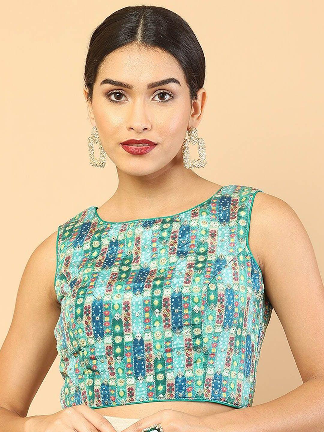 soch women blue & green printed embellished silk saree blouse